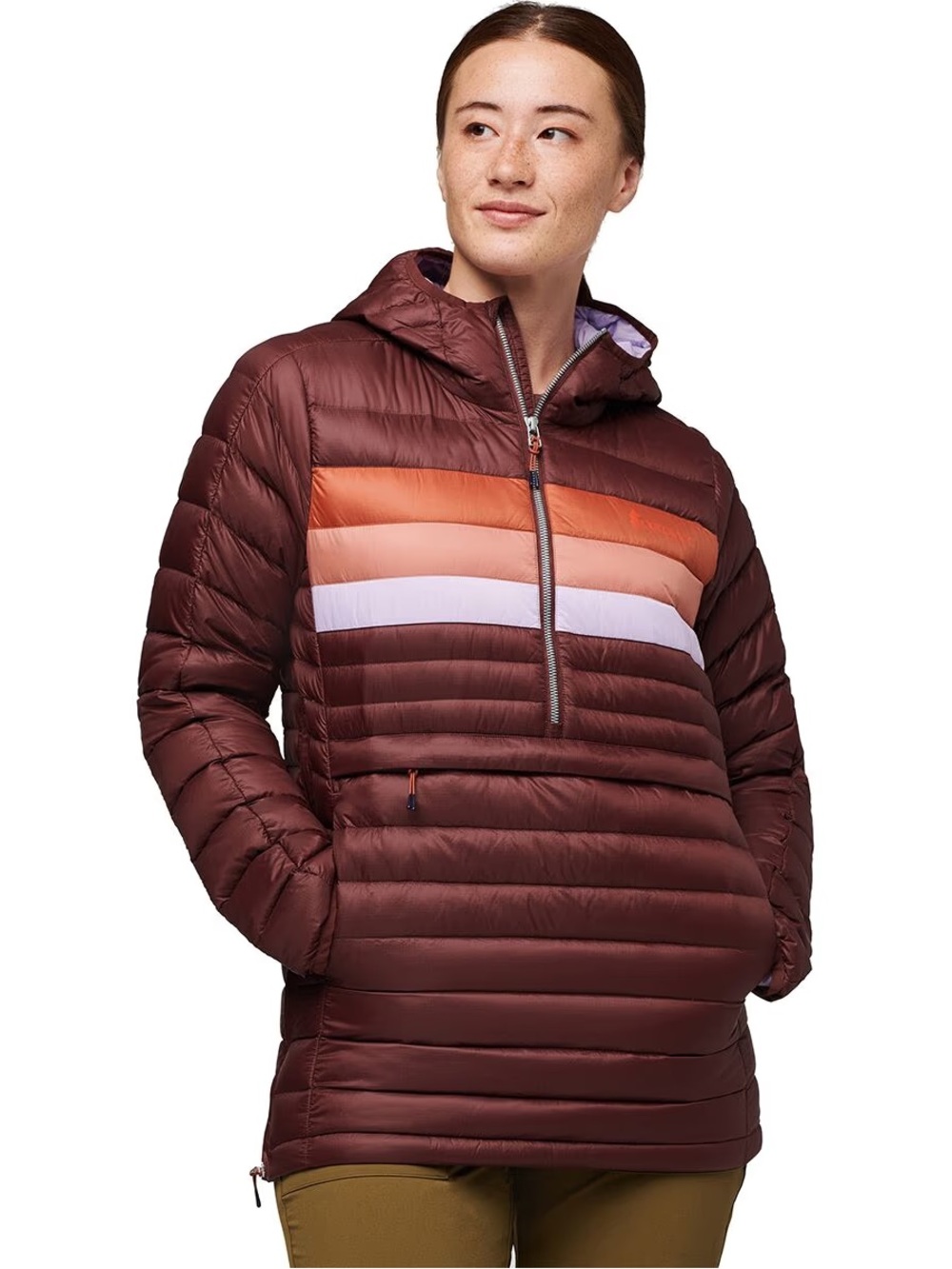 cotopaxi Maroon Hooded Puffer with Orange and Pink Stripe Accents